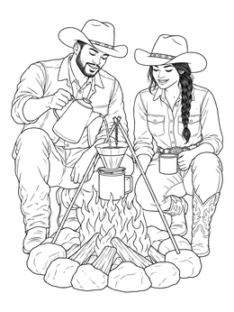 A cowboy coloring page featuring a man and woman brewing morning coffee over a campfire.