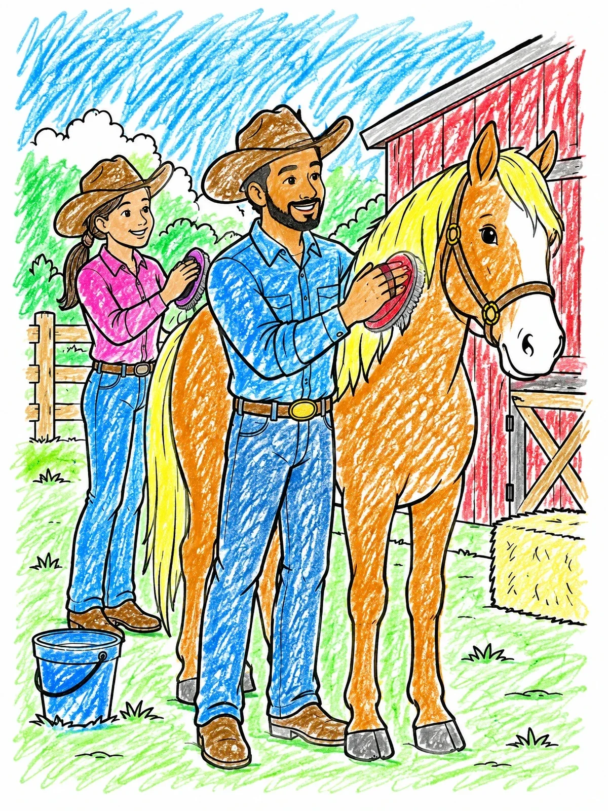 Colored example of the Cowboy And Cowgirl Grooming Horse coloring page