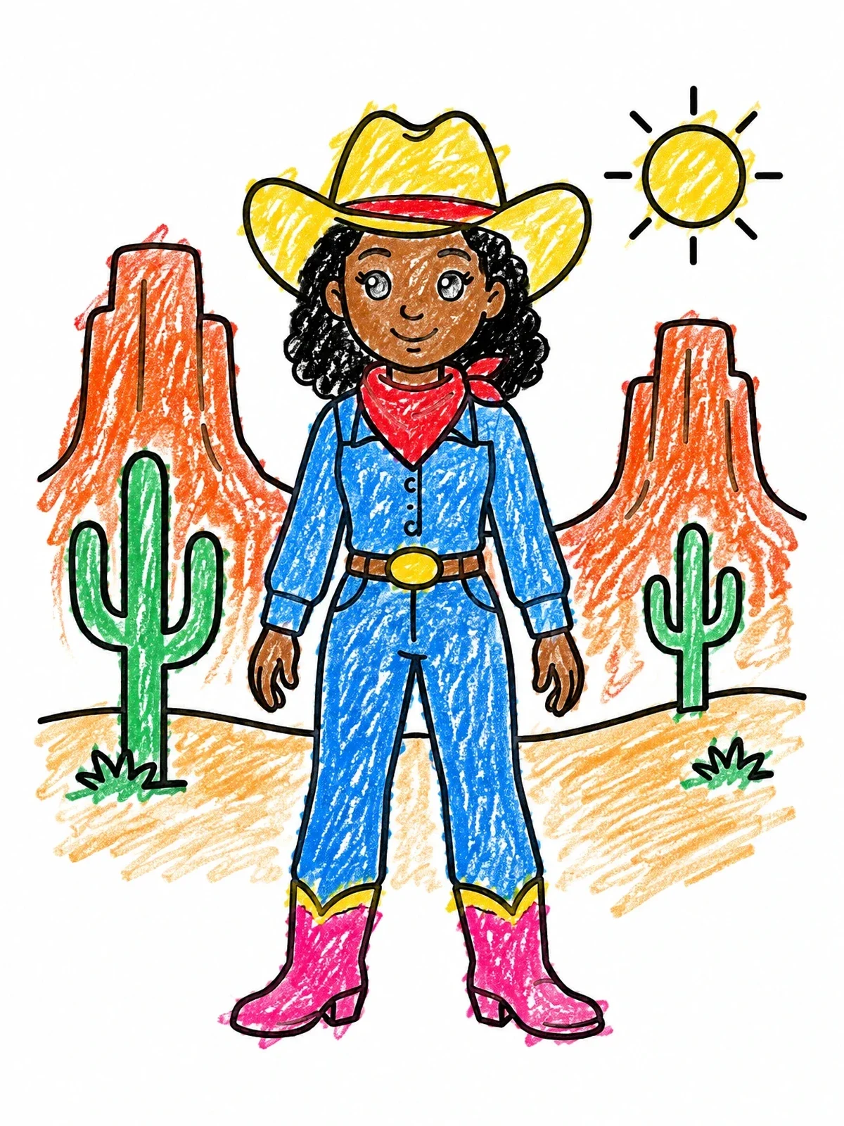Colored example of the Cowgirl In The Desert Valley coloring page
