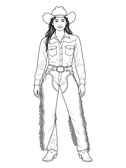 A cowgirl in hat and chaps stands ready on this cowboy coloring page.