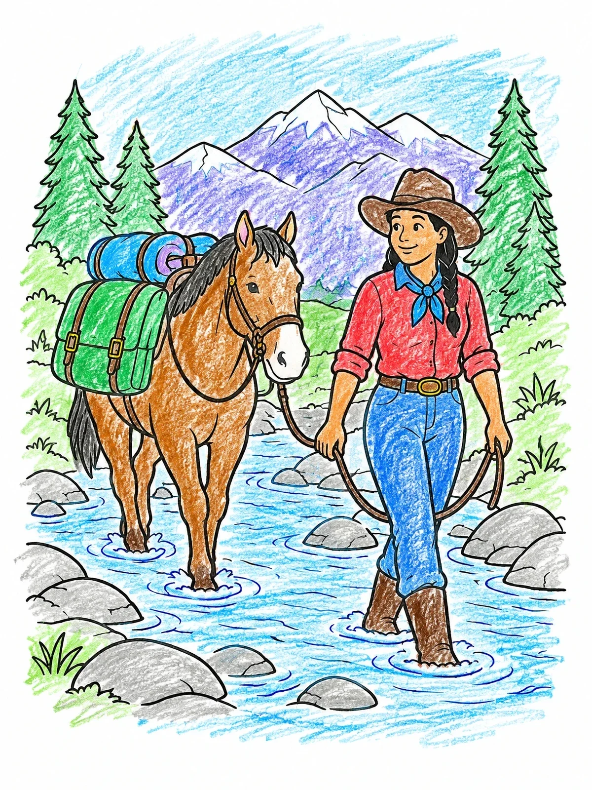 Colored example of the Cowgirl Leading A Pack Horse Across A Stream coloring page