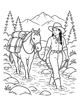 In this cowboy coloring page, a smiling cowgirl leads a pack horse across a rocky mountain stream.