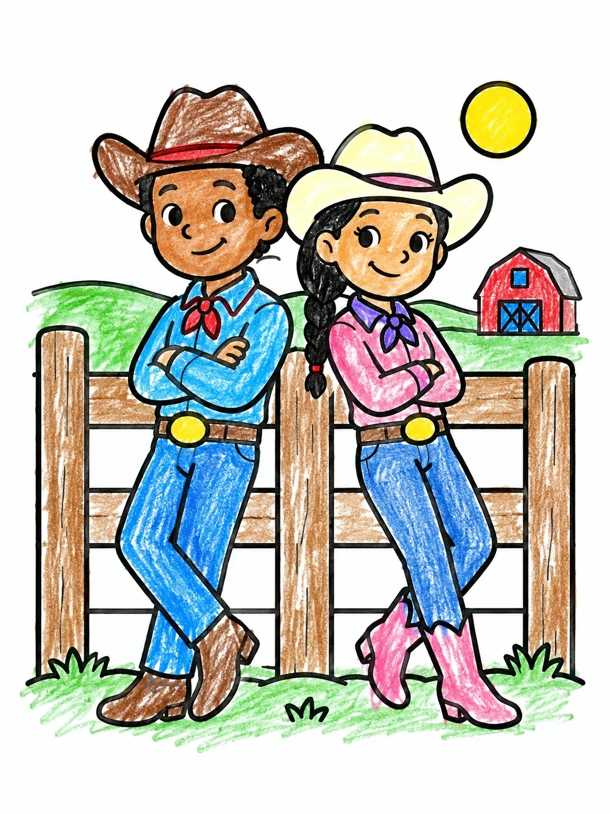 Colored example of the Cowboy And Cowgirl At Fence coloring page