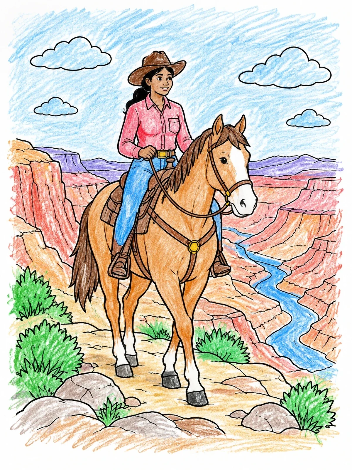 Colored example of the Cowgirl Riding Along Canyon Ridge coloring page