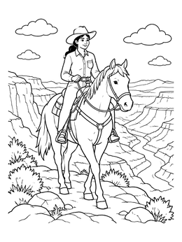 A cowgirl riding her horse on this cowboy coloring page featuring a scenic canyon view.
