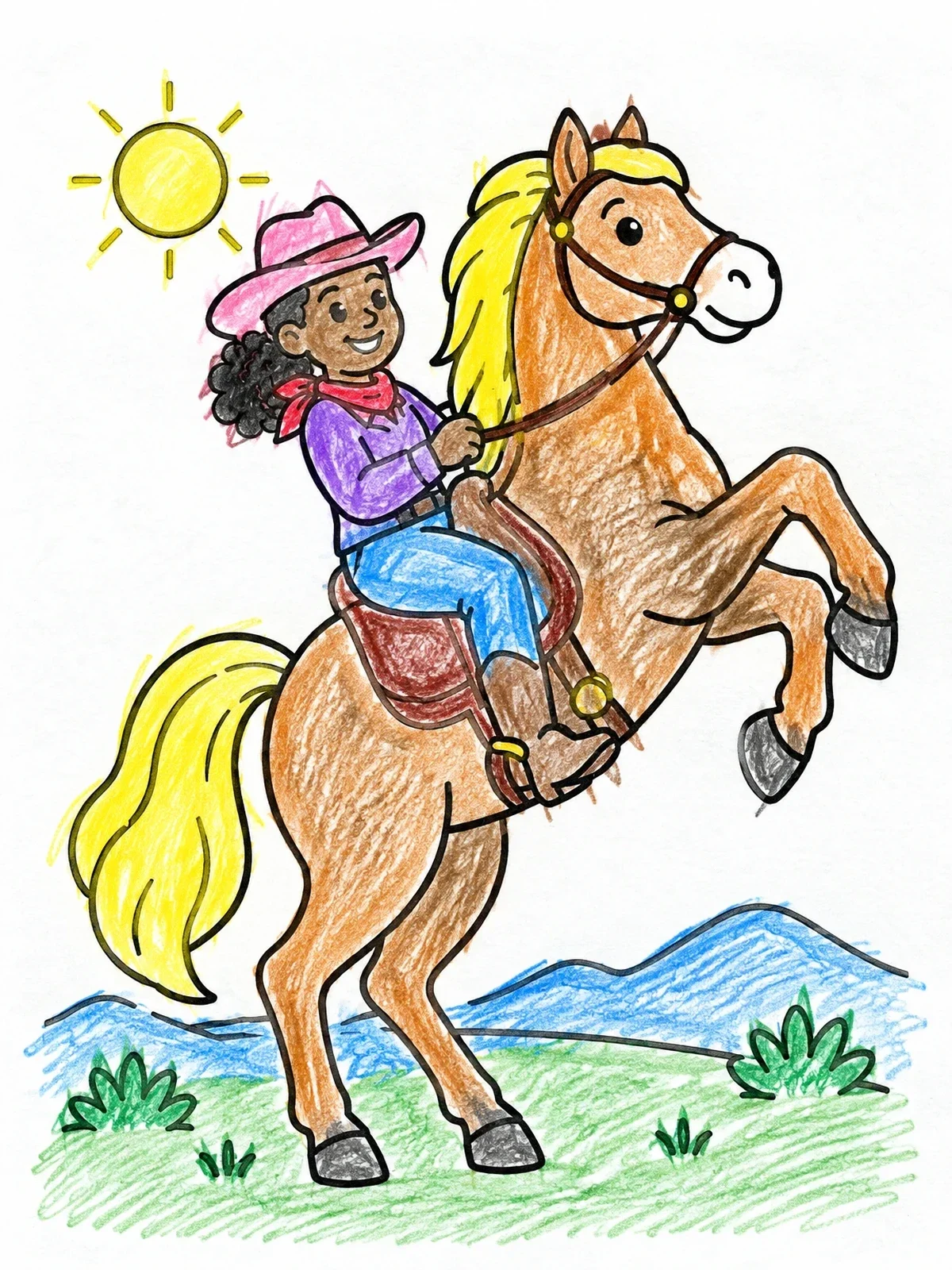 Colored example of the Cowgirl Riding A Rearing Horse coloring page