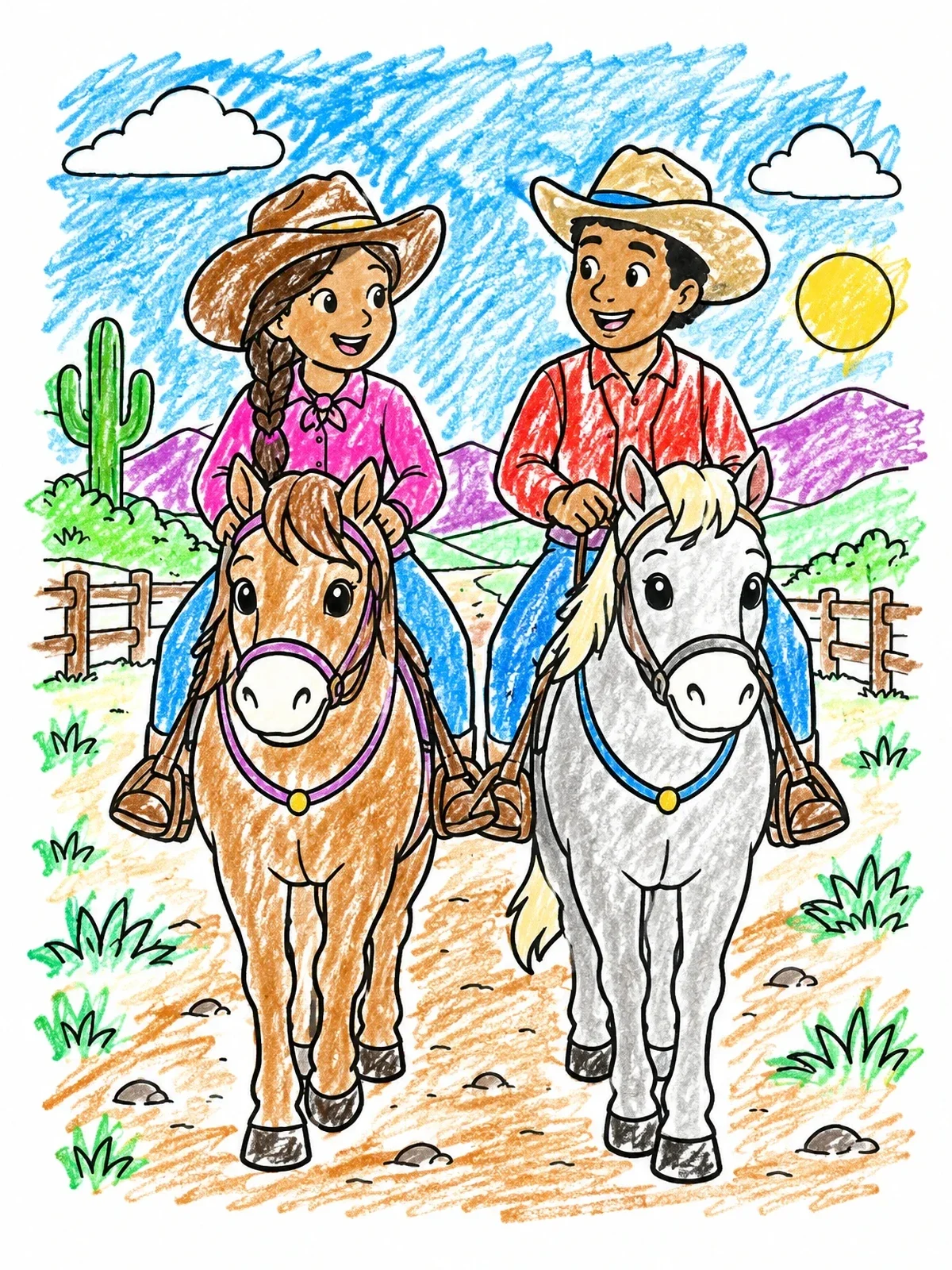 Colored example of the Young Cowgirl And Cowboy Riding Ponies coloring page
