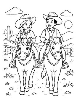 A friendly young girl and boy ride ponies on a sunny cowboy coloring page.