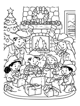 Free printable Cowboy Family Opening Christmas Gifts coloring page