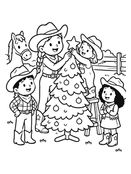 Free printable Cowboy Family Decorating Christmas Tree coloring page