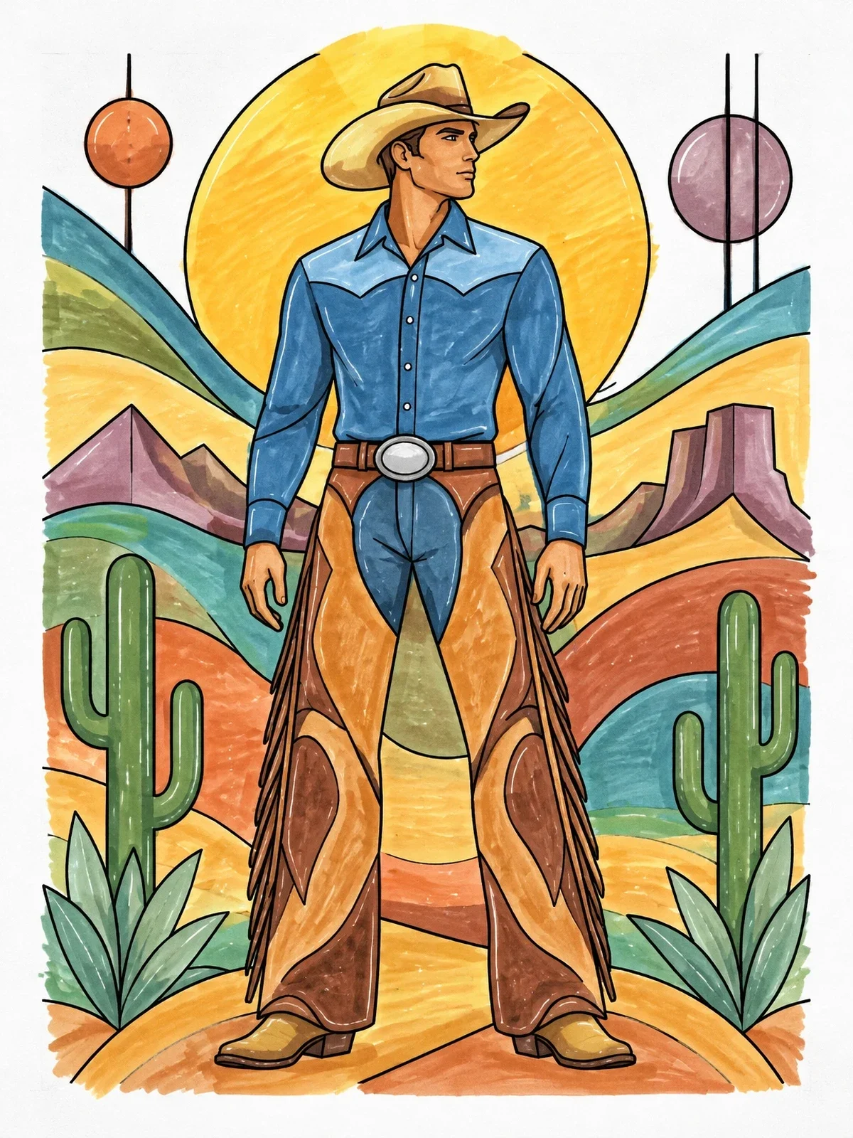 Colored example of the Cowboy In Desert Landscape coloring page