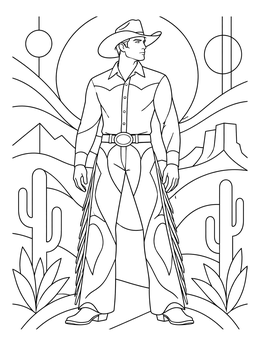 A detailed cowboy coloring page featuring a man in fringe chaps against a desert backdrop.