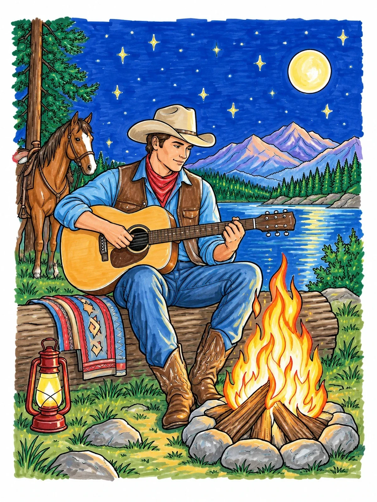 Colored example of the Cowboy Playing Guitar By Campfire coloring page