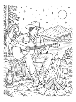 Free printable Cowboy Playing Guitar By Campfire coloring page