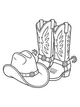 A classic western hat and boots with spurs in this cowboy coloring page.
