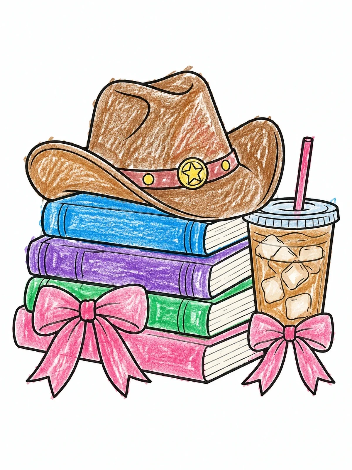 Colored example of the Cowboy Hat With Books And Iced Drink coloring page