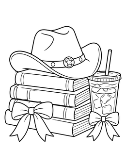 A cowboy hat coloring page featuring a hat resting on books next to an iced beverage.