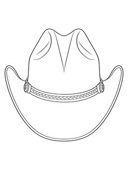 Front view of a detailed cowboy hat coloring page with braided band.