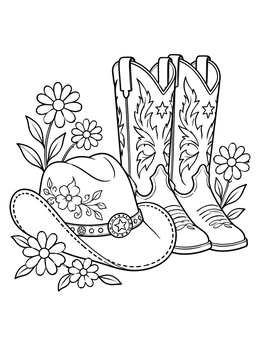 An ornate cowgirl boots and cowboy hat coloring page surrounded by simple daisy blossoms.