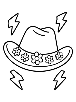 A cute cowboy hat coloring page decorated with cheerful daisies and surrounded by lightning bolts.
