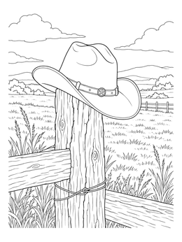 A realistic cowboy hat coloring page resting atop a rustic wooden fence post in an open prairie.