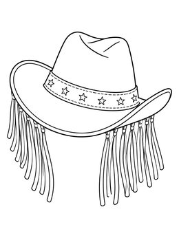 A stylish cowboy hat coloring page featuring fringe tassels and a star-patterned band.