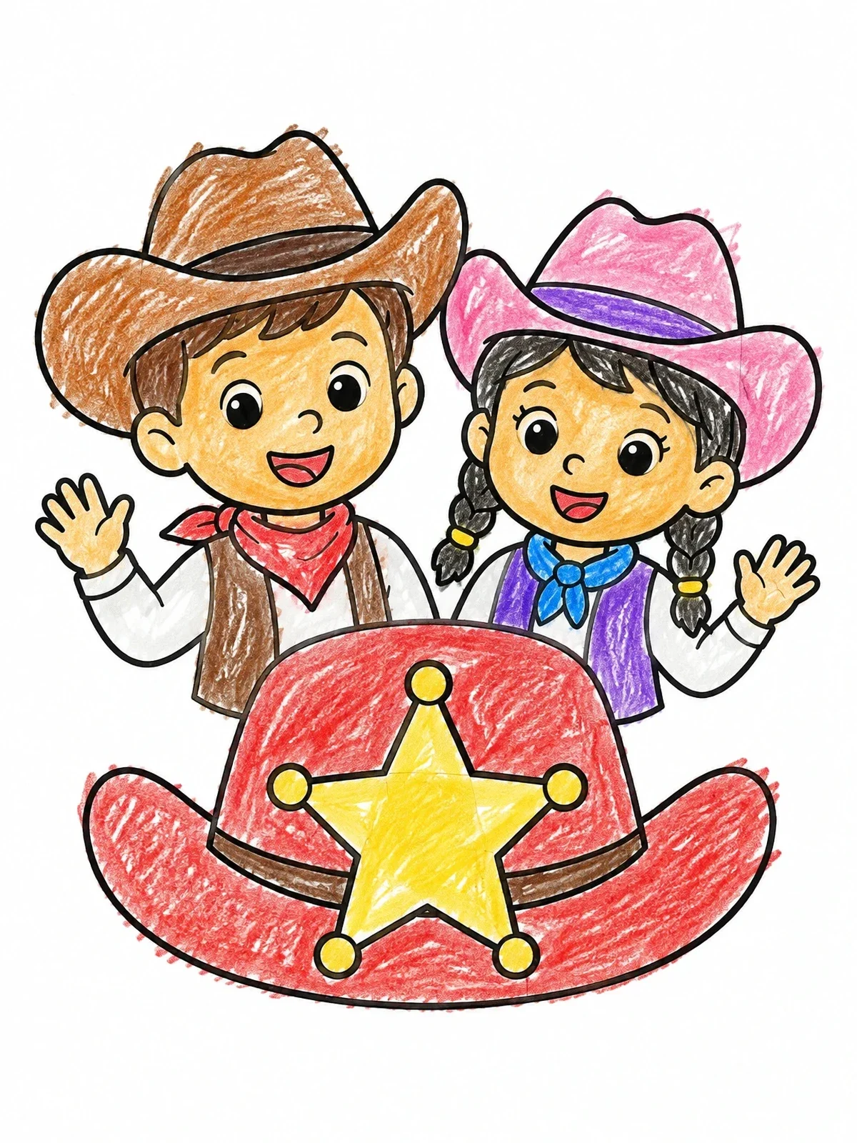 Colored example of the Cowboy Hat With Cheerful Kids coloring page