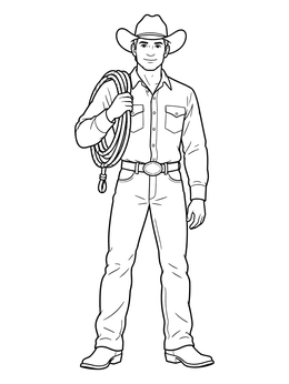 A smiling young rancher stands in this cowboy coloring page holding a coiled lariat over his shoulder.
