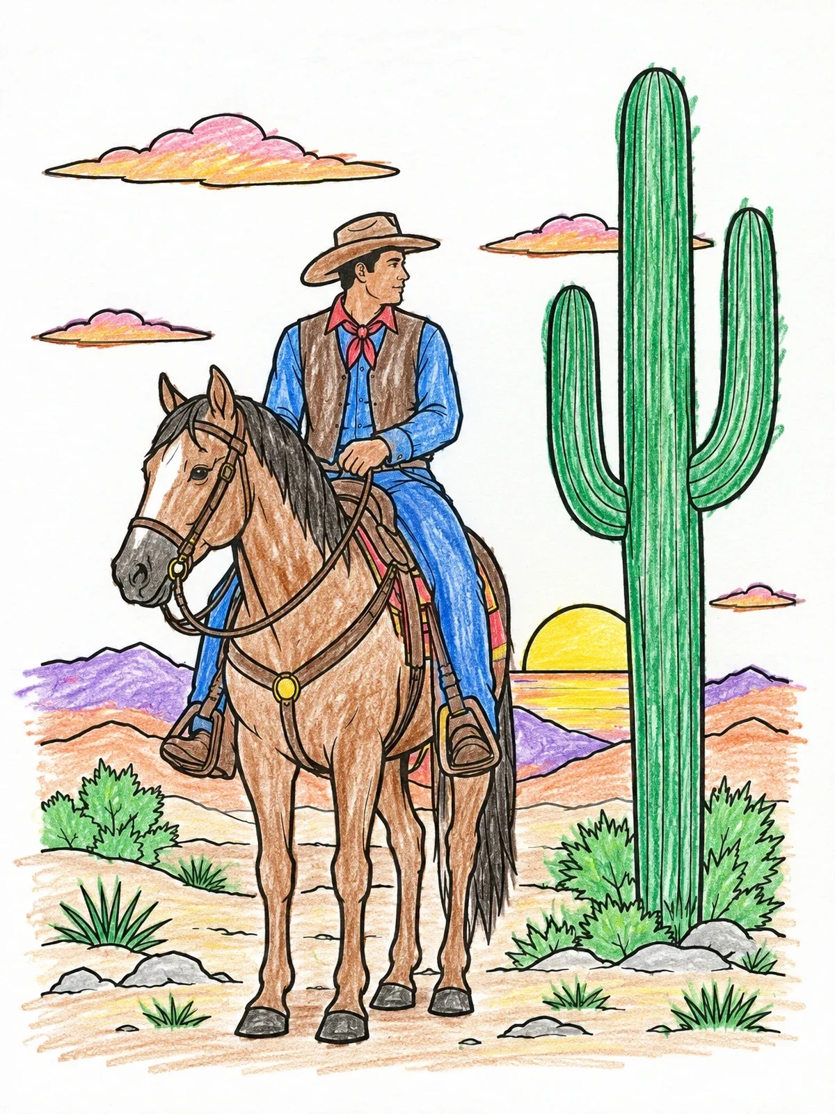 Colored example of the Cowboy On Horseback Beside Saguaro Cactus coloring page