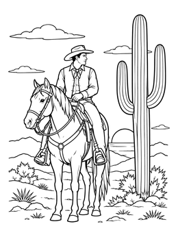A calm cowboy coloring page showing a rider on horseback beside a tall desert cactus at sunset.