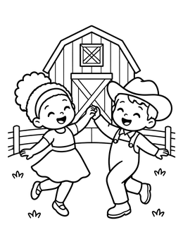 Two happy kids dancing near a barn on this cowboy coloring page.