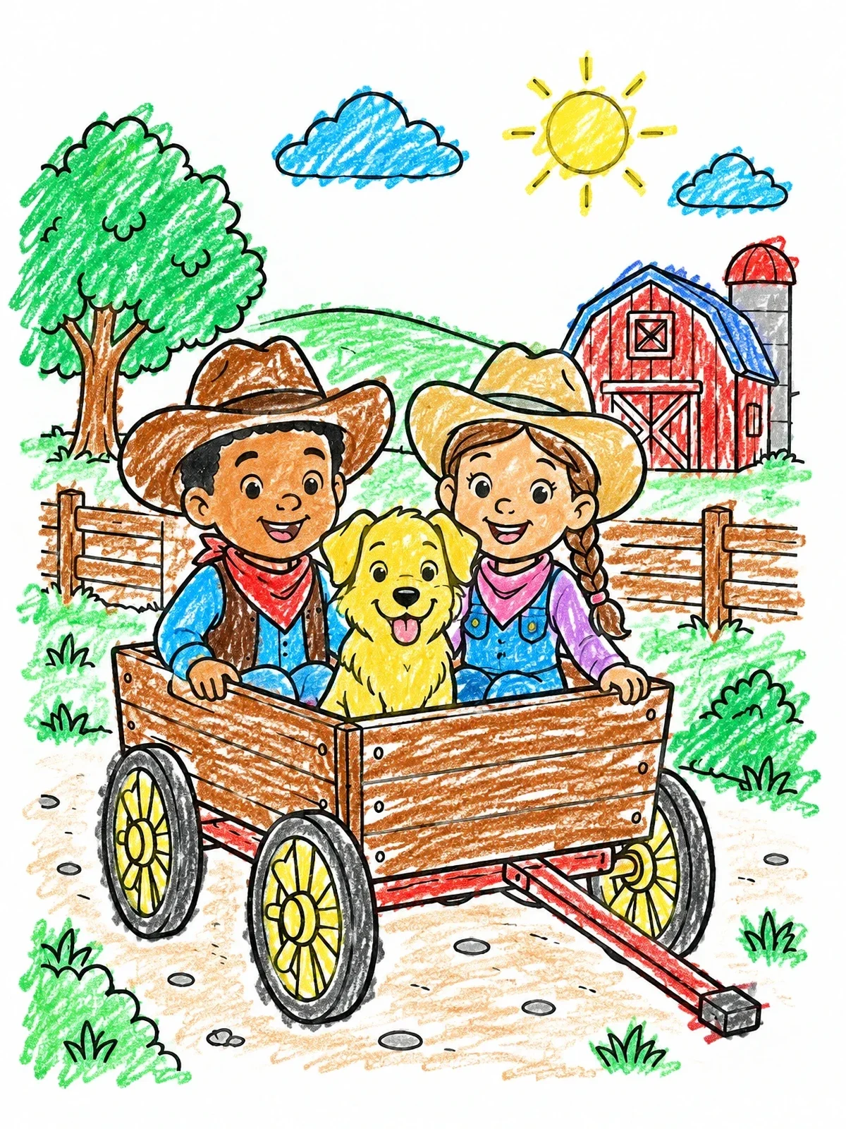 Colored example of the Cowboy Kids In Farm Wagon coloring page