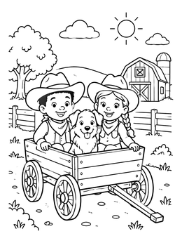 Kids with a puppy in a wooden cart appear on this cowboy coloring page.