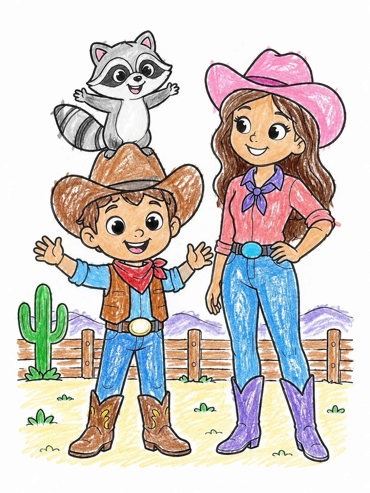 Colored example of the Cowboy Kids With Playful Raccoon coloring page