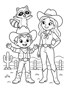 Free printable Cowboy Kids With Playful Raccoon coloring page