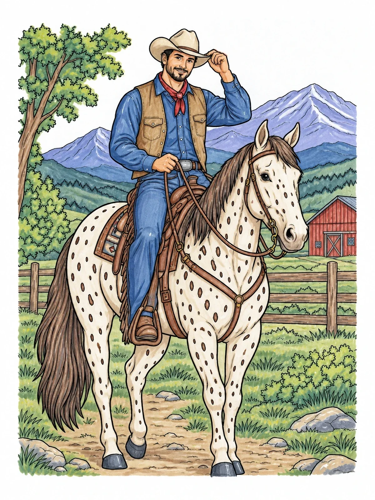Colored example of the Cowboy On Spotted Horse Tipping Hat coloring page