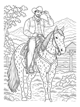 A friendly rider tips his hat on this detailed cowboy coloring page with mountain scenery.