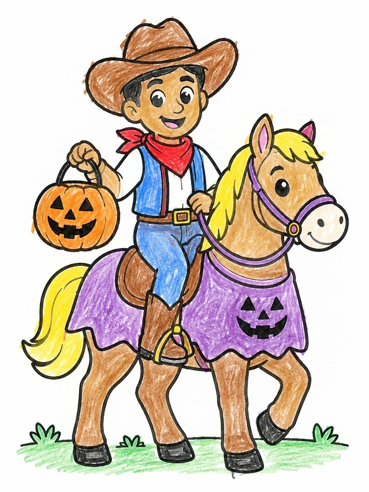 Colored example of the Cowboy Riding Horse With Halloween Pumpkin coloring page