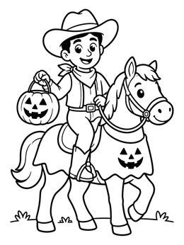 A cheerful young boy on a horse in this cowboy coloring page holding a jack-o-lantern.