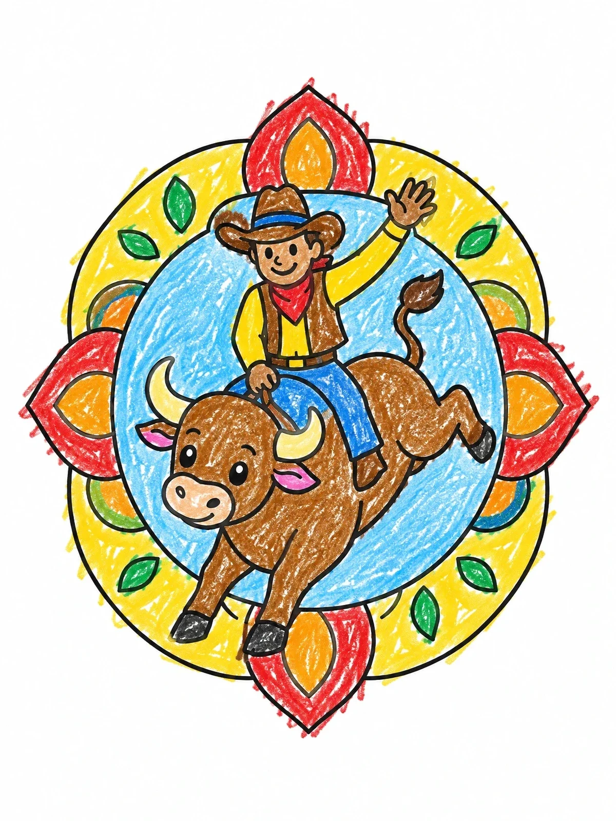 Colored example of the Cowboy Riding A Playful Bull coloring page