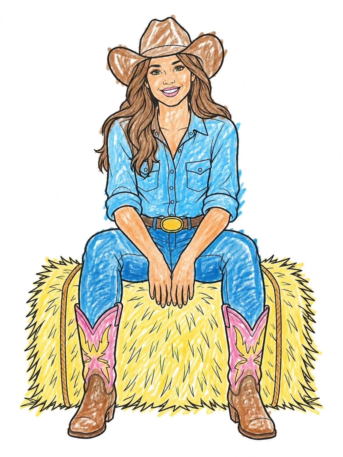 Colored example of the Smiling Cowgirl On A Hay Bale coloring page