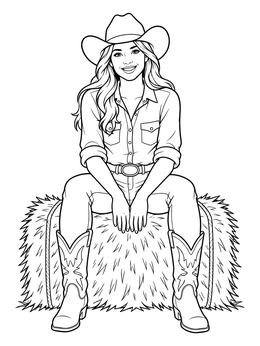 A cheerful cowgirl wearing boots sits on a hay bale in this cowboy coloring page.