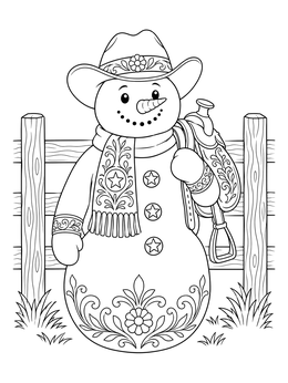 A cheerful cowboy snowman with a western saddle on this cowboy christmas coloring page.