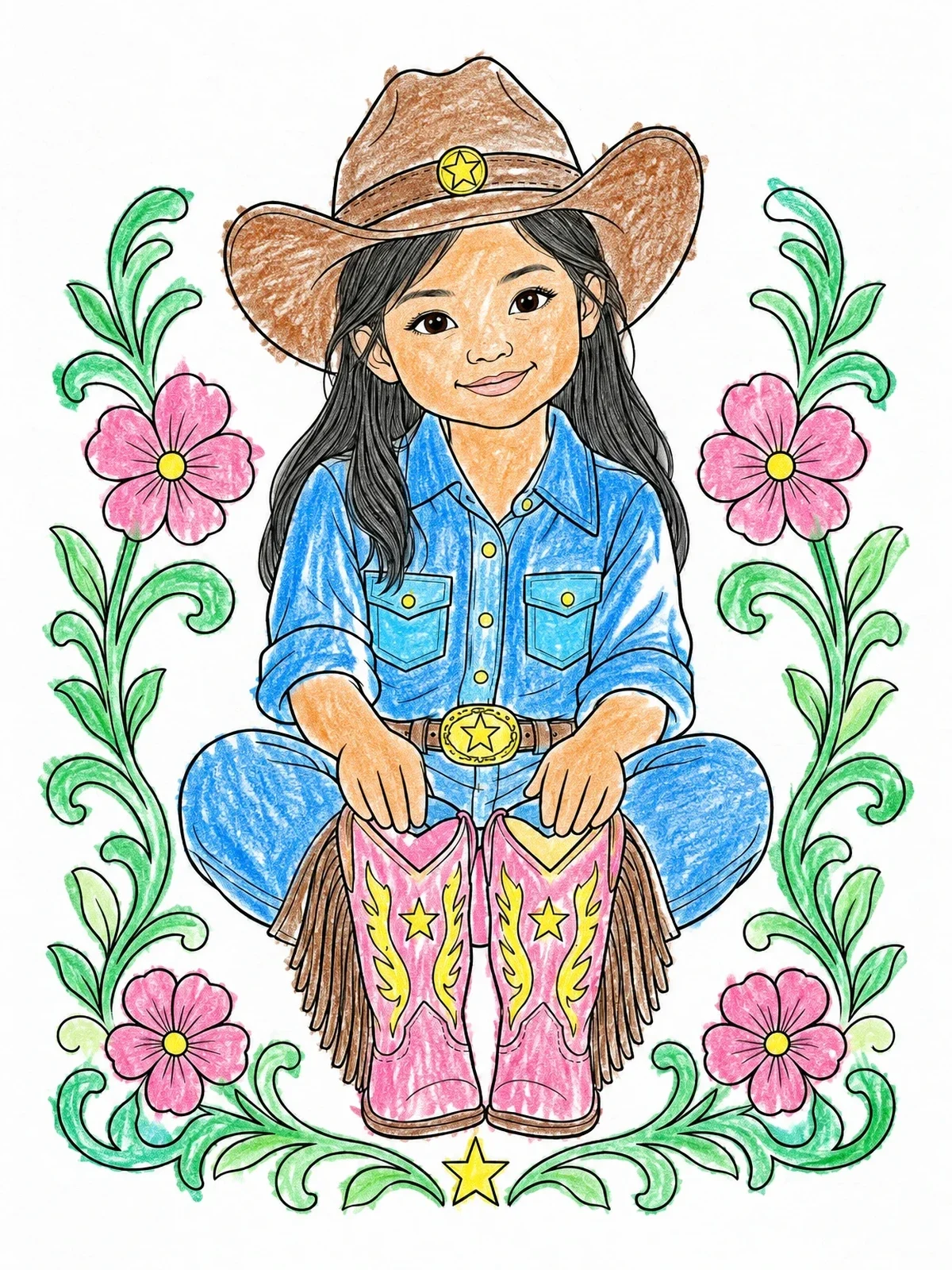 Colored example of the Young Cowgirl In Fringed Boots coloring page
