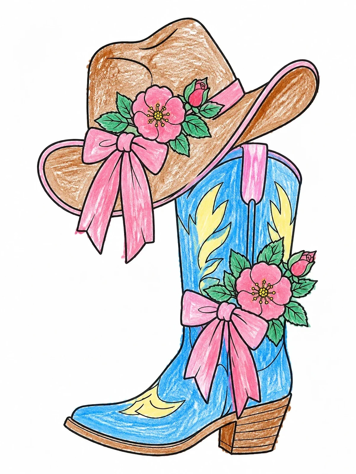 Colored example of the Cowgirl Boot And Floral Hat Set coloring page