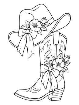 A decorative cowgirl boot and cowboy hat coloring page adorned with wild roses and ribbon bows.