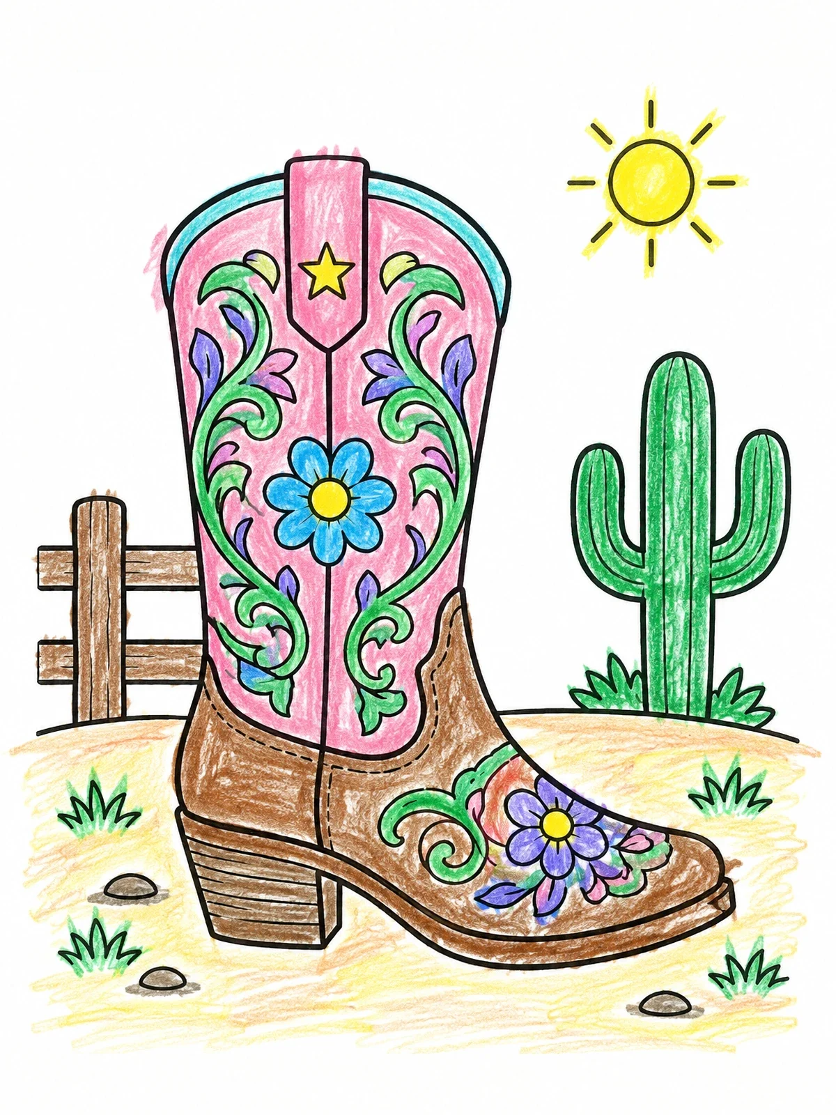 Colored example of the Cowgirl Boot In Desert Landscape coloring page