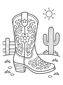 Free printable Cowgirl Boot In Desert Landscape coloring page