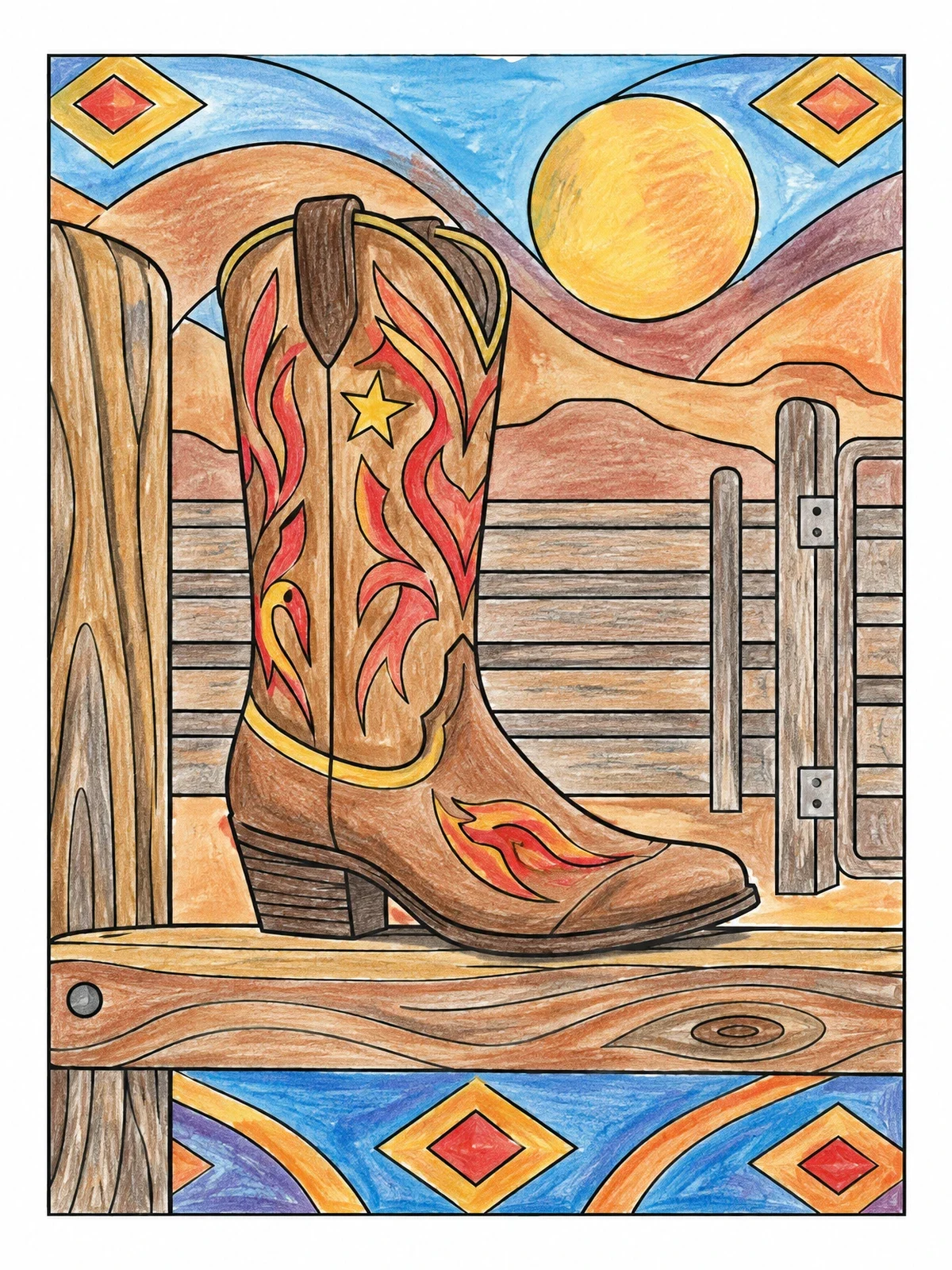 Colored example of the Cowgirl Boot On Wooden Fence coloring page
