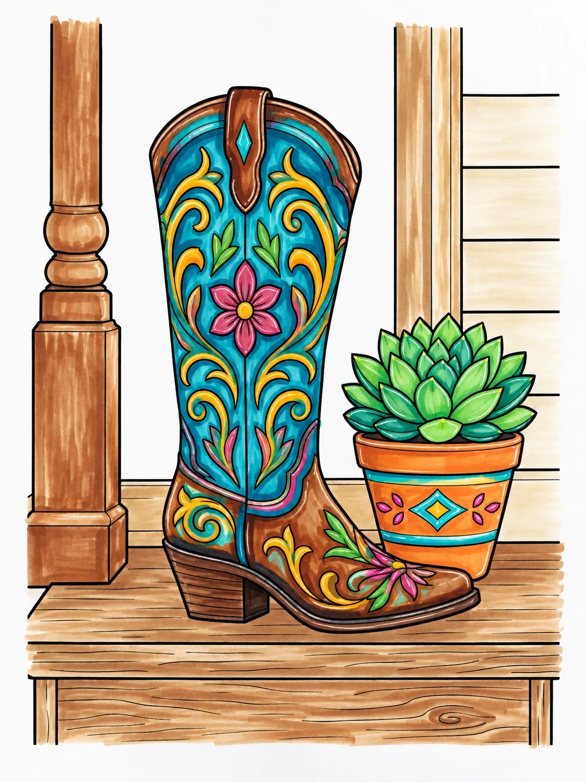 Colored example of the Cowgirl Boot And Porch Succulent coloring page